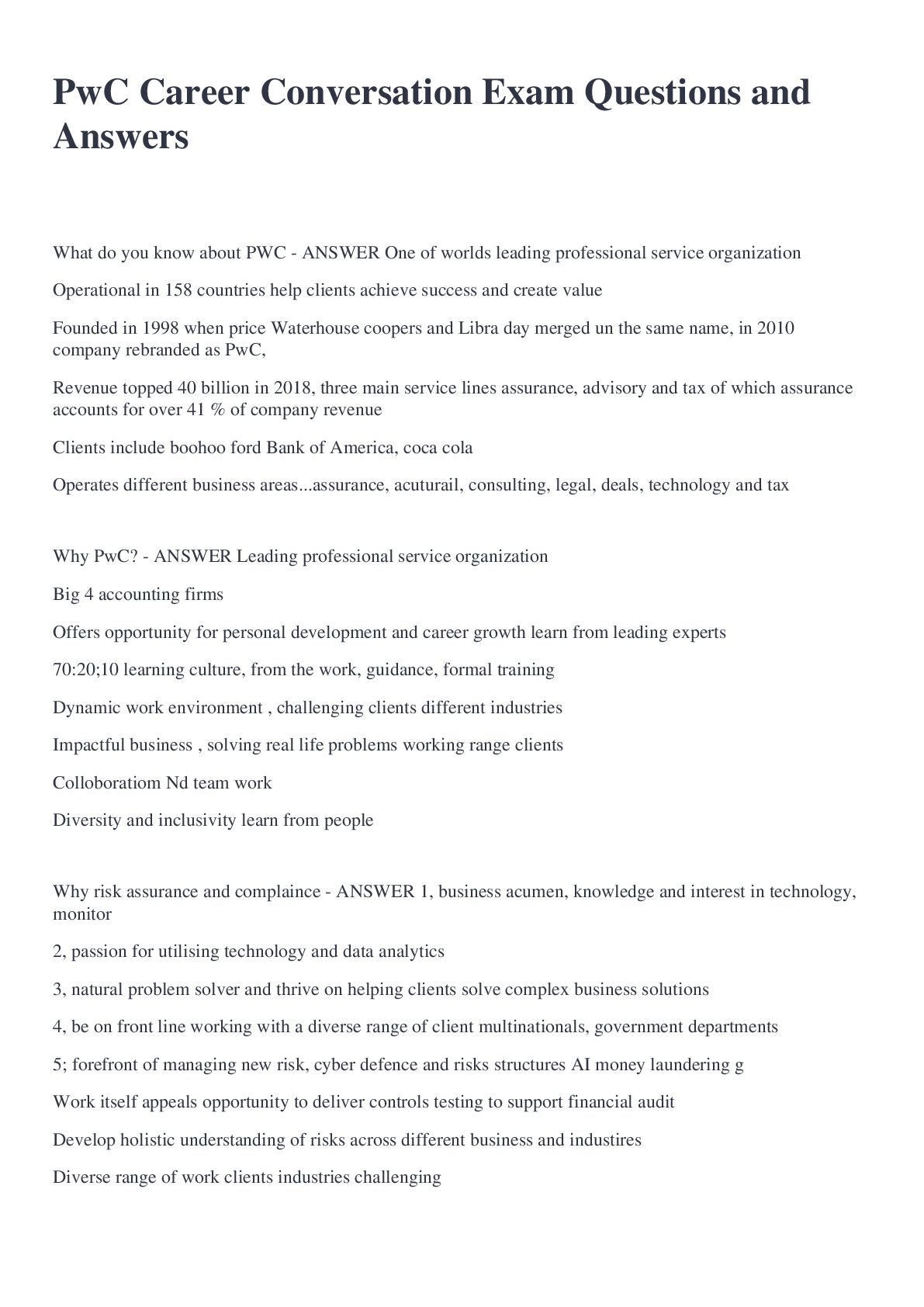 Preview image for PwC Career Conversation Exam Questions and Answers